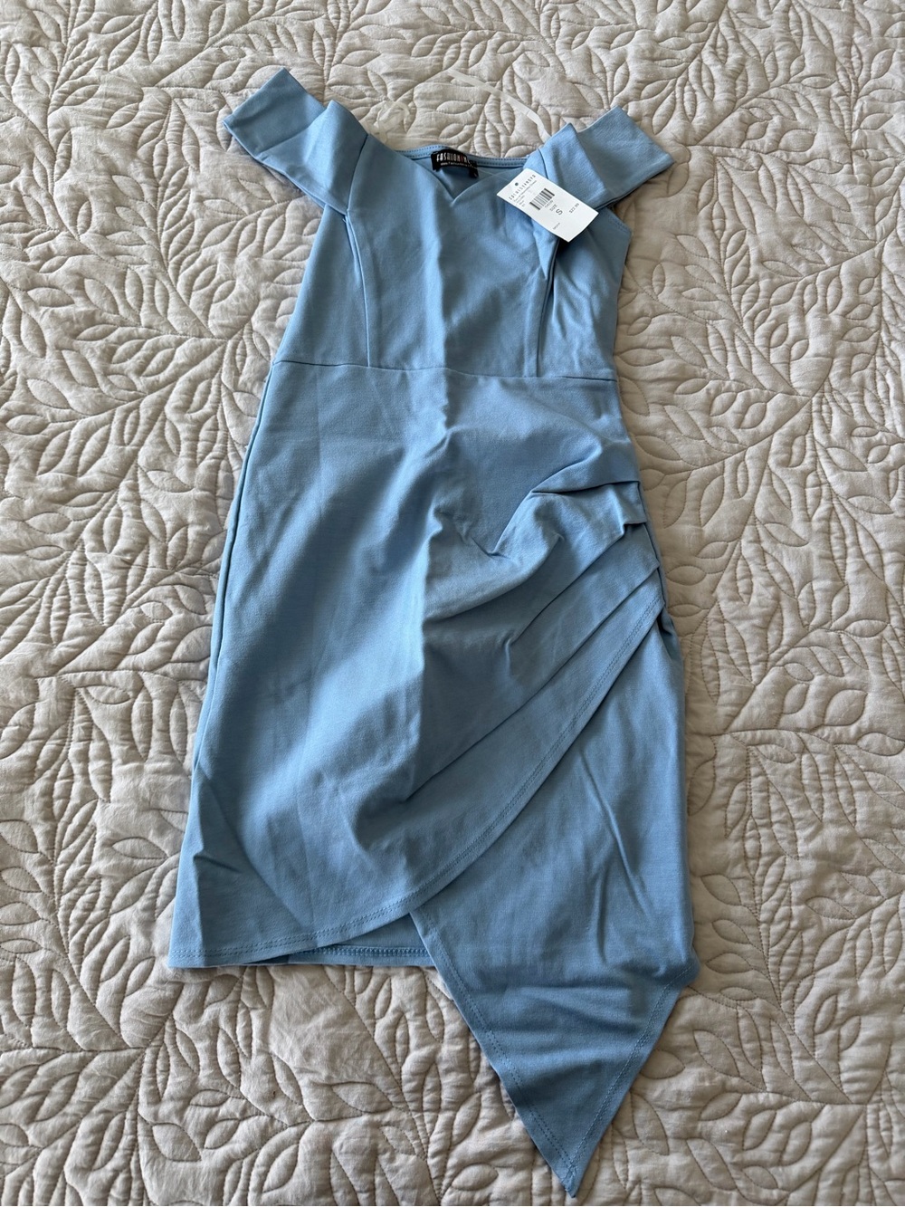 Fashion Nova Dusty Blue Off-Shoulder Asymmetrical Dress new with tags!